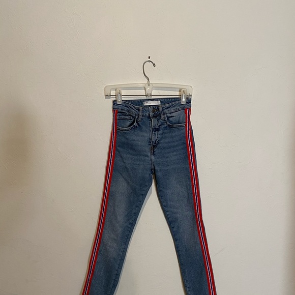 Zara red blue stripe side skinny jeans - Picture 4 of 7